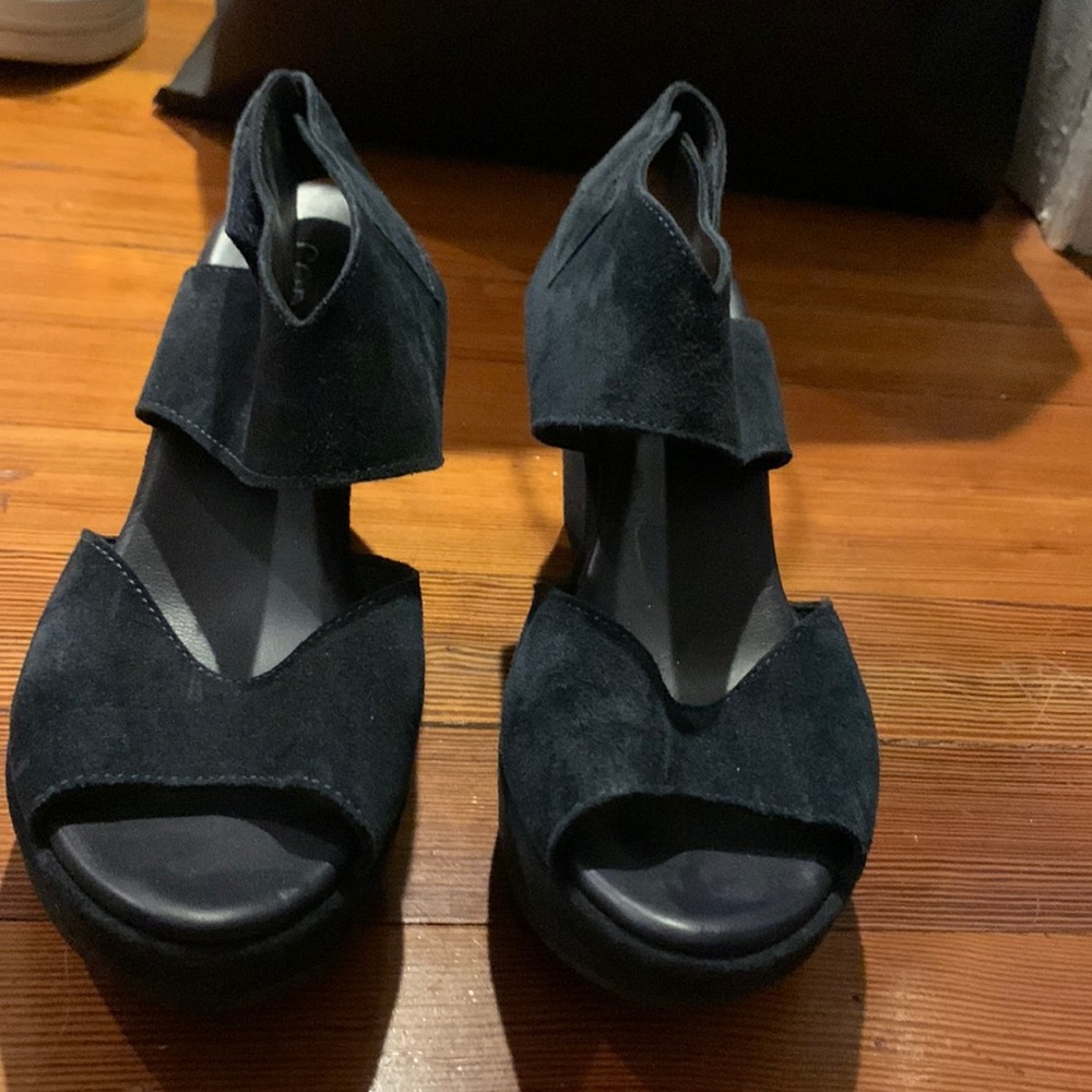Blue suede wedges